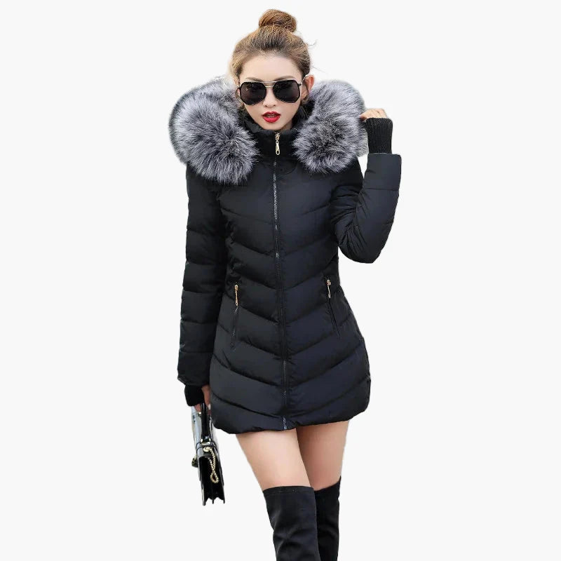 Dam Vinterjacka med Stora Pälskrage och Figursydd Design – Elegant Varm Parkas för Kalla Dagar