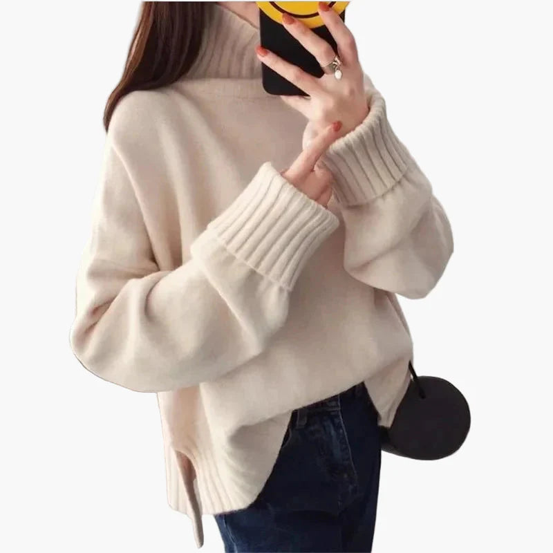 Damstickad oversize tröja med hög krage – koreansk stil för höst och vinter