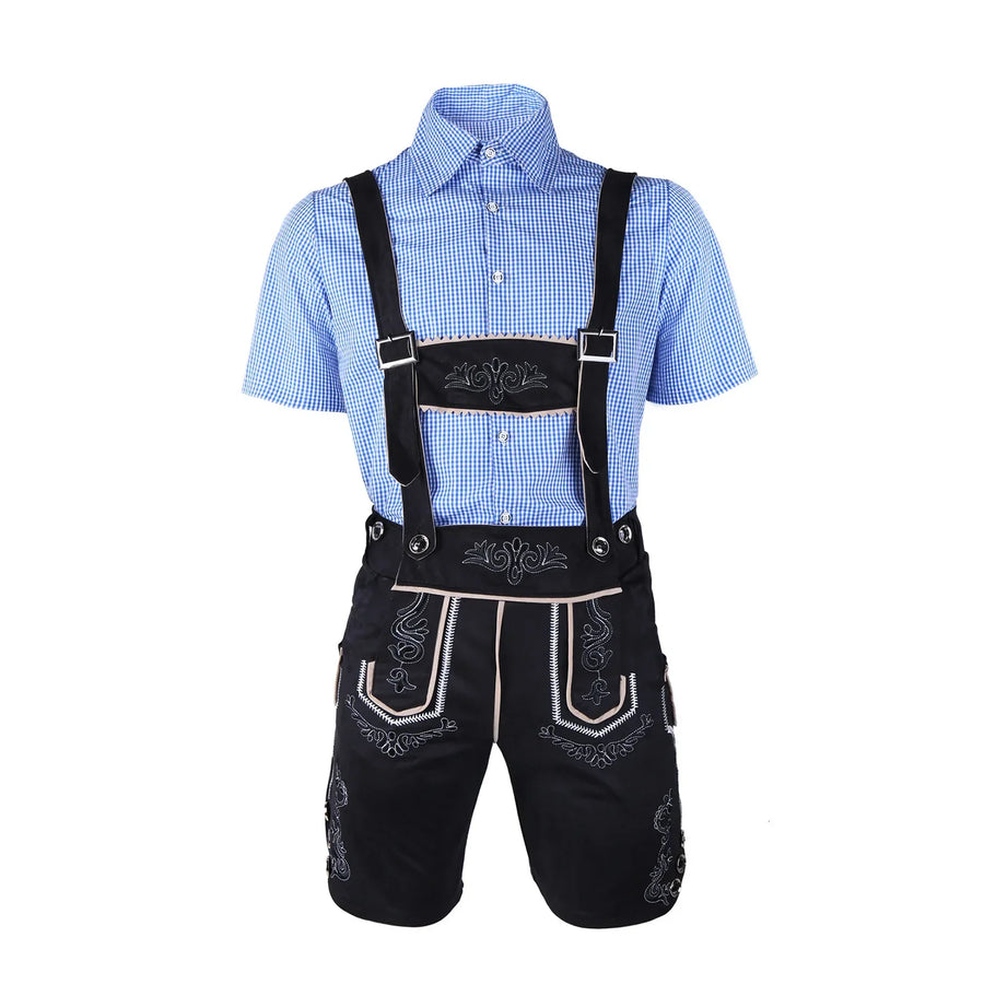 Herr Oktoberfest Lederhosen-set med skjorta, hängslen och hatt, broderade korta byxor