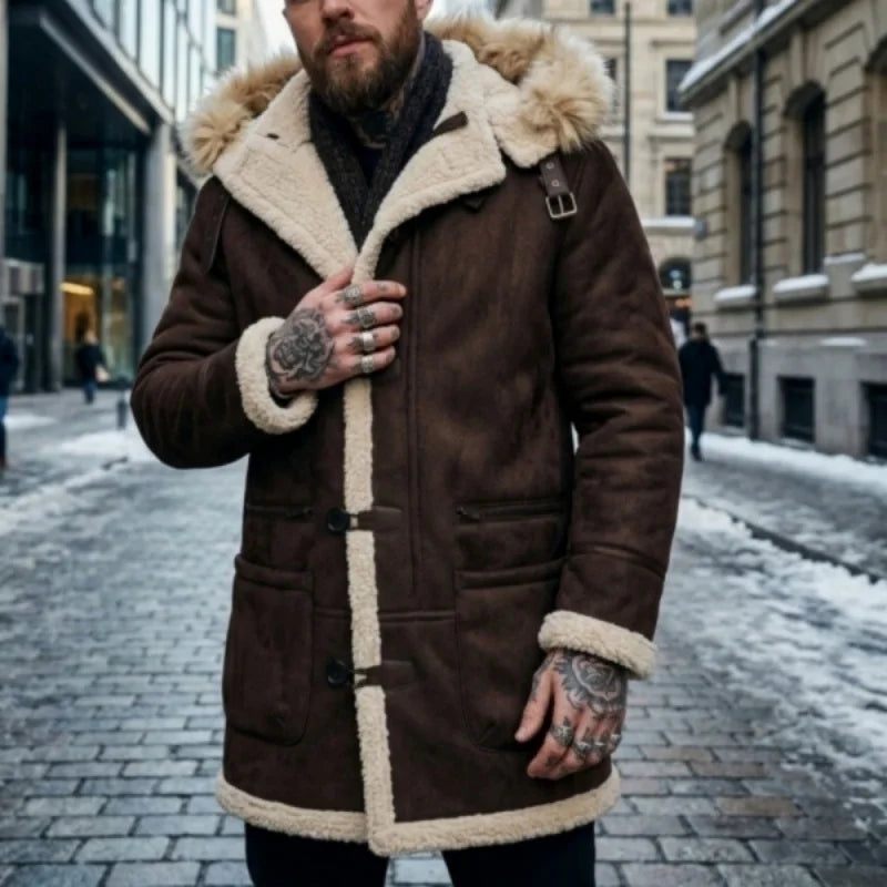Herr vinterjacka i mockaimitation med fårskinnsfoder och pälsklädd huva, grå