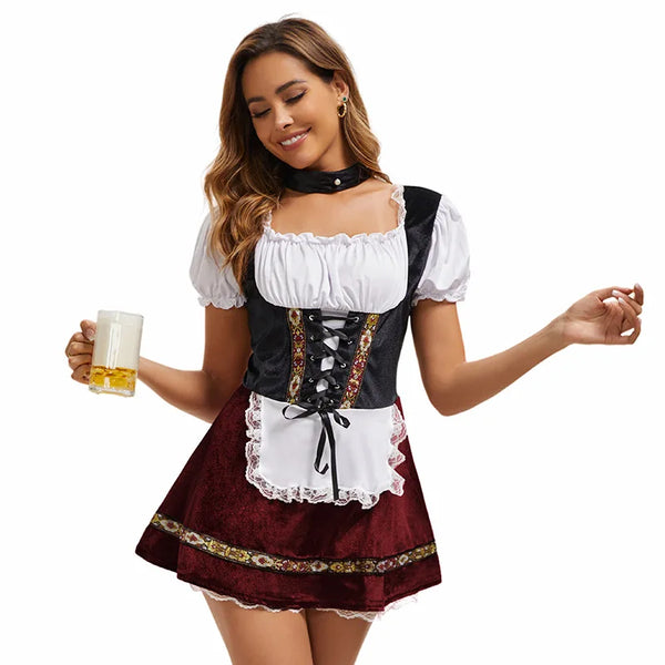 Dam Oktoberfest Klänning Dirndl-stil med Snörning och Förkläde Vinröd