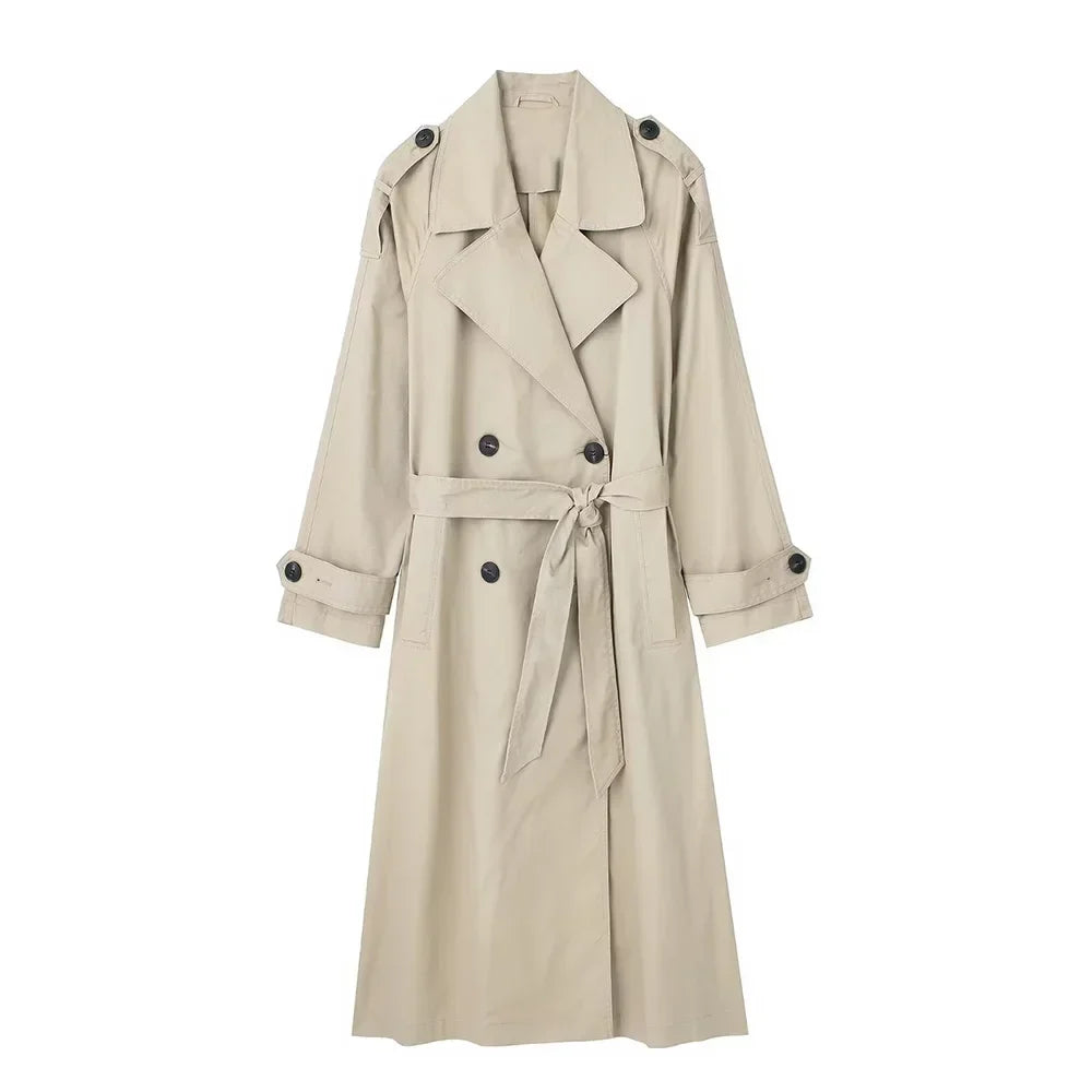 Dam lång trenchcoat med skärp, dubbelknäppt beige eller grön