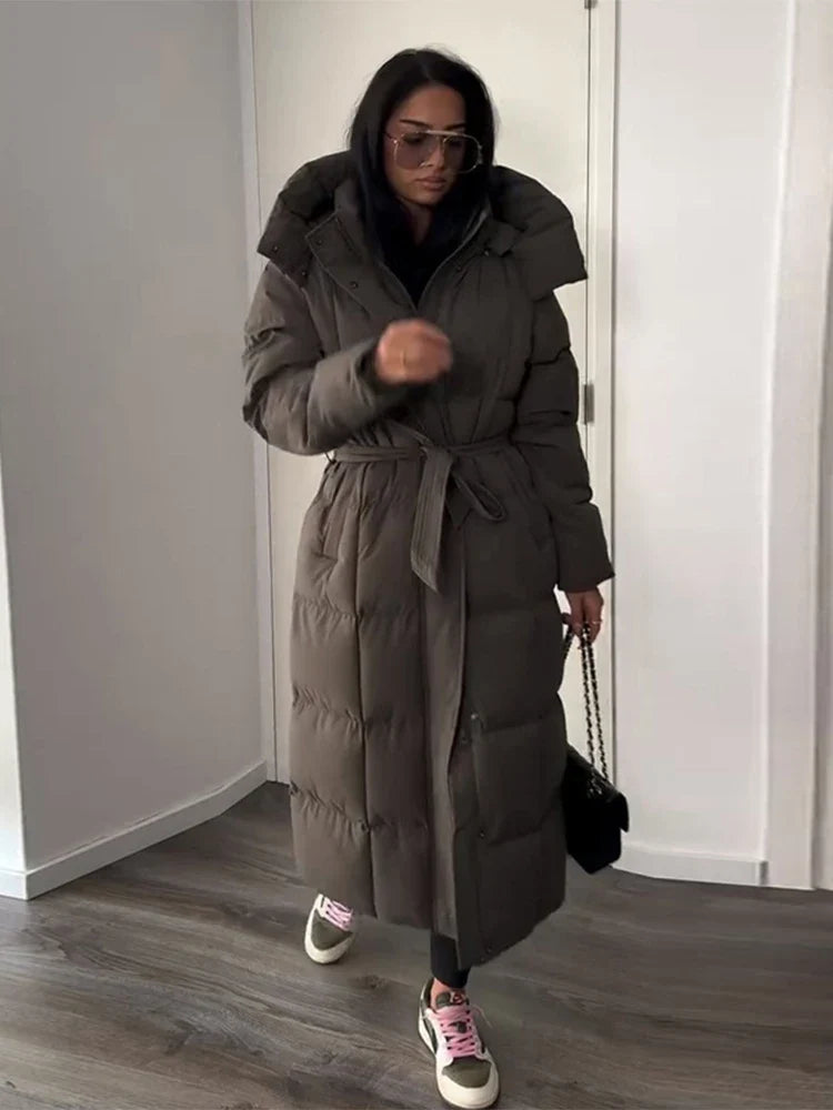 Lång Dunjacka Dam med Bälte och Huva Svart Brun Beige Vinterjacka
