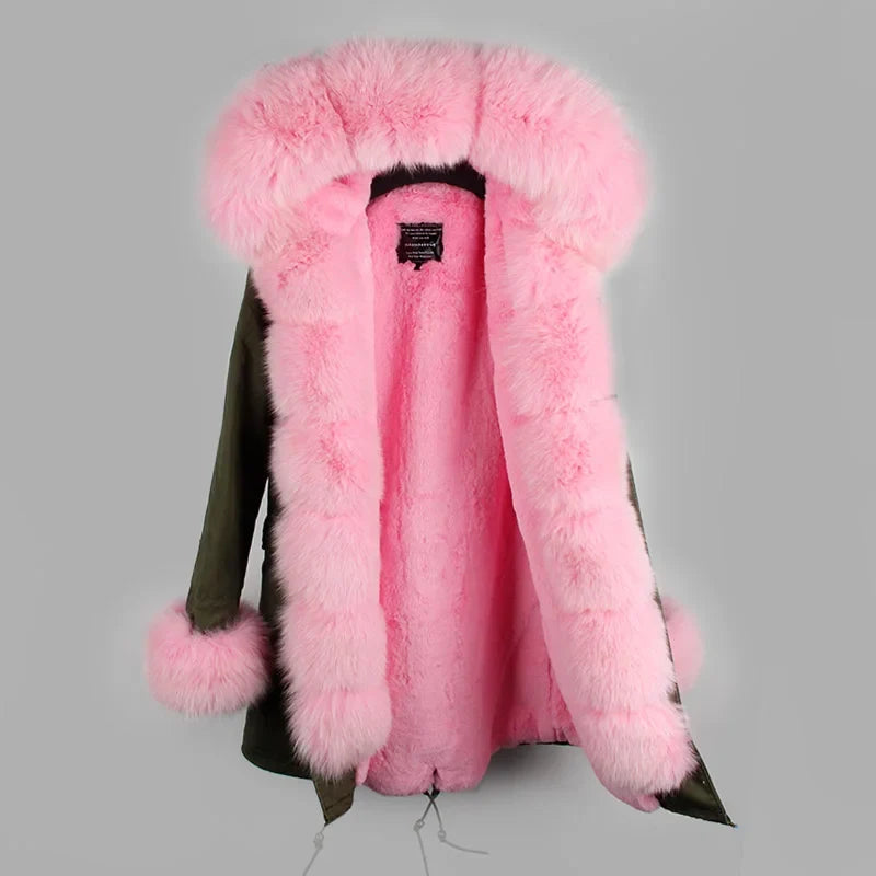 Vinterparkas med rosa fuskpälsfoder och luva, dam