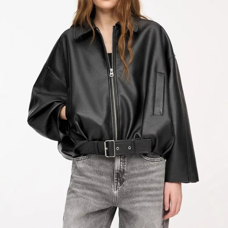 Brun Oversized Bomberjacka med Dragkedja och Bälte