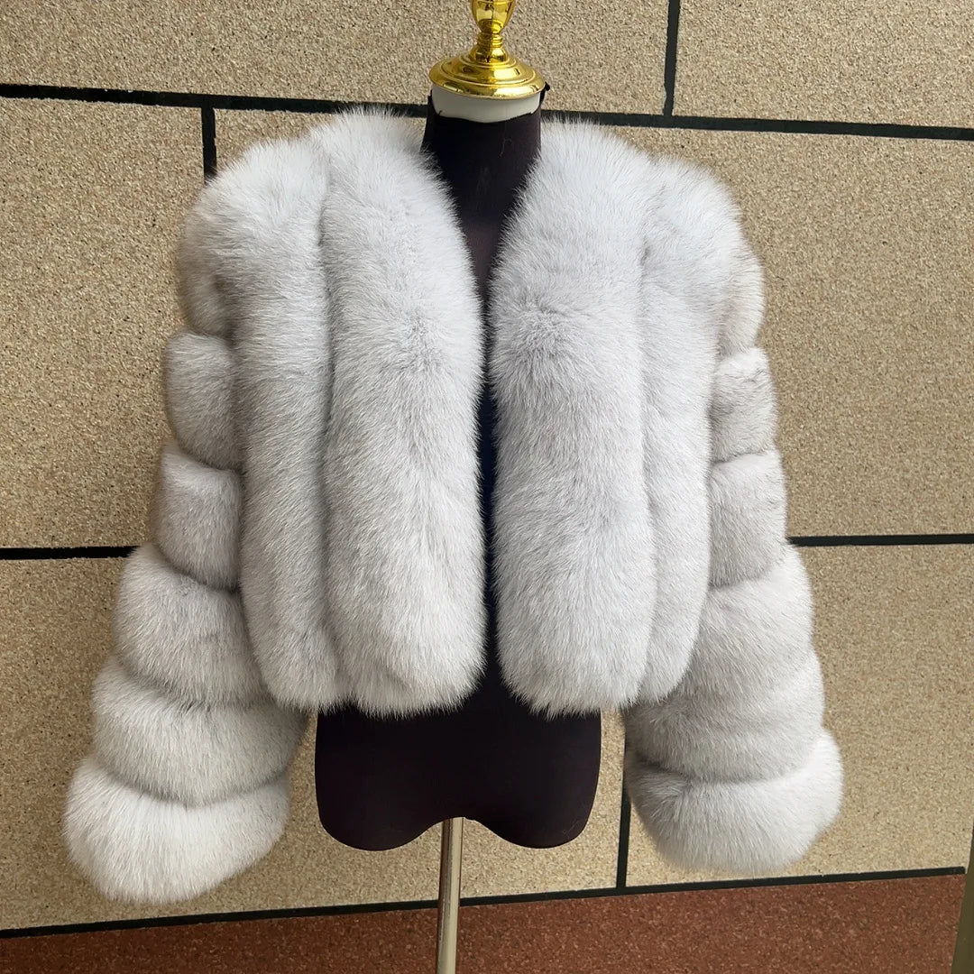 Kort fluffig fuskpälsjacka för dam, öppen design, flerfärgad