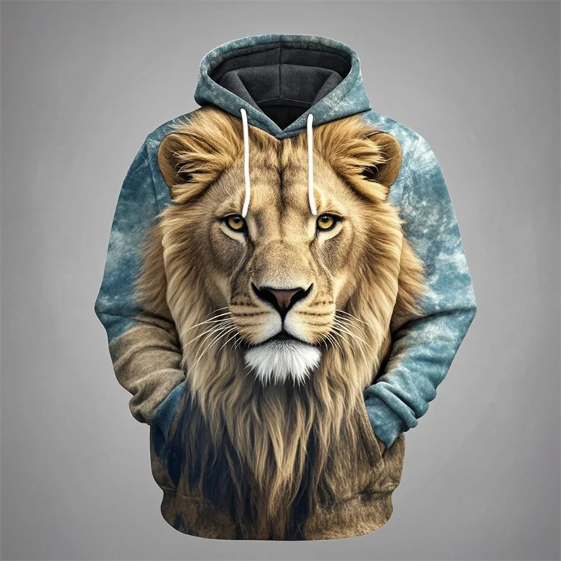 Hoodie med Lejonansikte 3D-tryck, Unisex Tröja med Huva och Känguruficka
