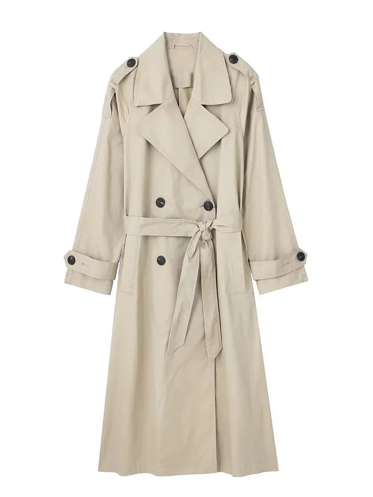 Dam lång trenchcoat med skärp, dubbelknäppt beige eller grön