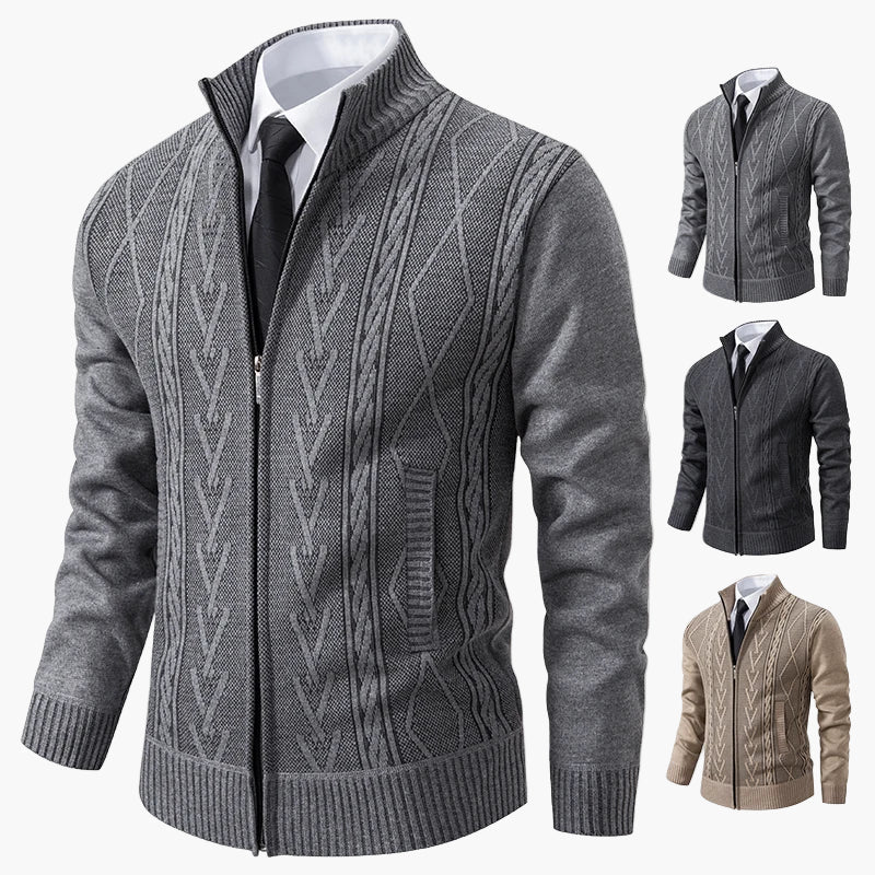Herrstickad zip-tröja – elegant kabelmönstrad cardigan för vardag och kontor