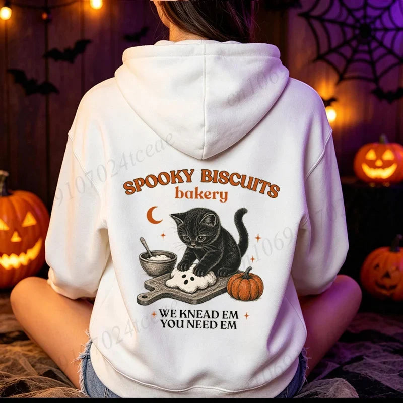 Halloween Hoodie med Katter och Pumpor, Långärmad Tröja med Tryck