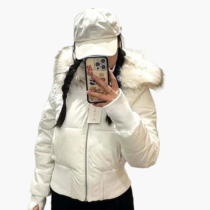 Damjacka med huva och fuskpäls – Varm, figursydd höst- och vinterjacka med dragkedja och fickor