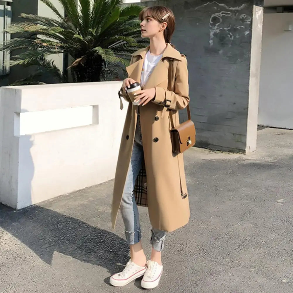 Klassisk Trenchcoat för Dam, Lång Dubbelknäppt Kappa med Bälte