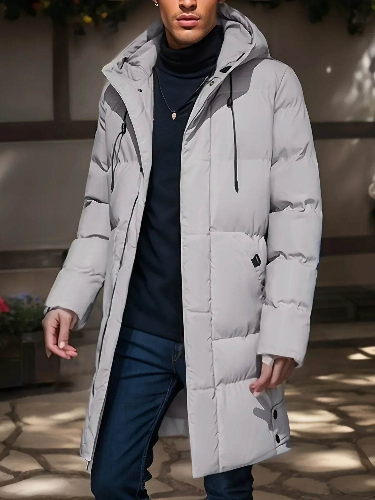 Herr Lång Dunjacka med Huva och Fickor, Varm Parkas i Enfärgad Design