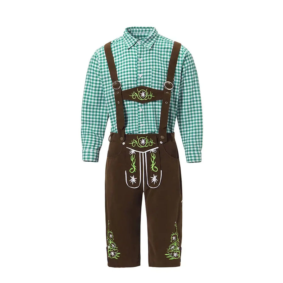 Herr Oktoberfestdräkt Brun/Svart Komplett Set Rutig Skjorta Hängselbyxor och Hatt