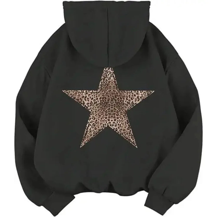 Hoodie med leopardmönstrad stjärna på ryggen, oversized passform