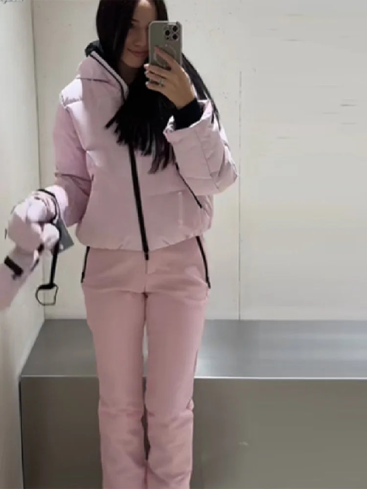 Rosa vinterjacka och byxor set med luva och fuskpälsfodrade handskar