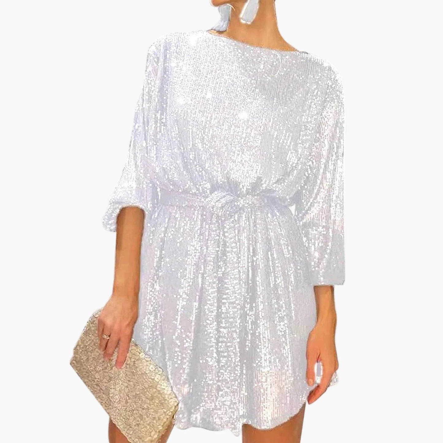 Dam Paljettklänning Festklänning med Bälte – Glittrig Elegant Partyklänning