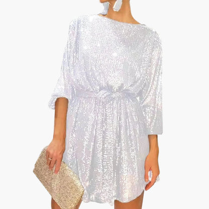 Dam Paljettklänning Festklänning med Bälte – Glittrig Elegant Partyklänning