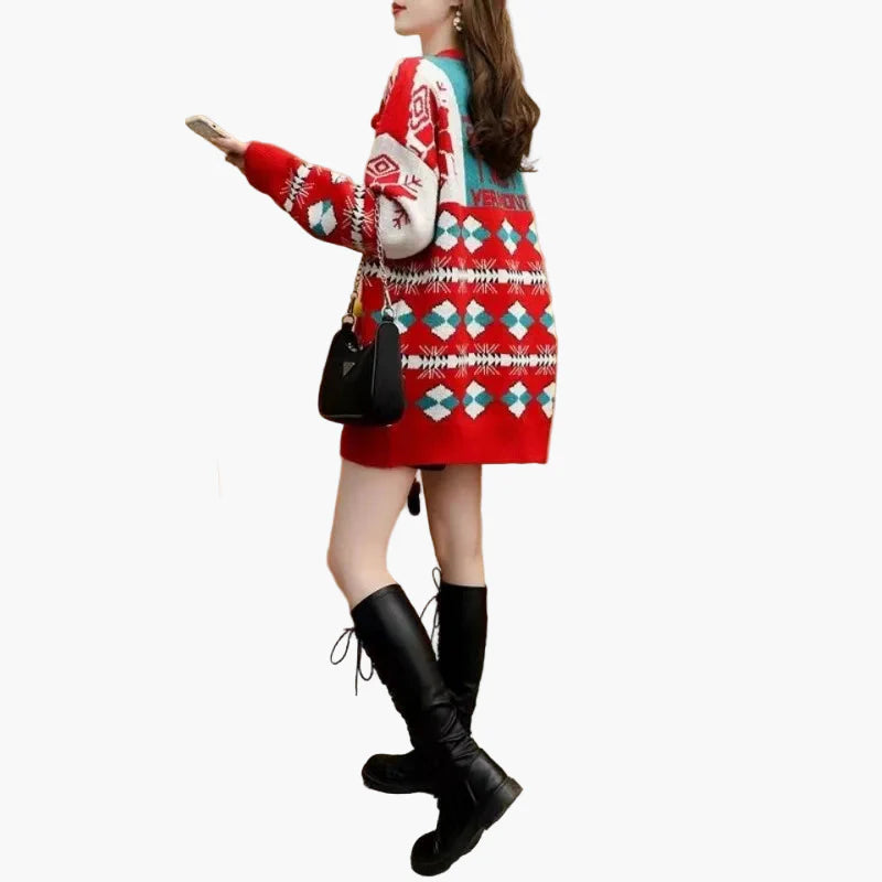 Dam Jultröja Med 3D Snögubbe Dekor – Rolig Oversize Stickad Tröja För Julfest