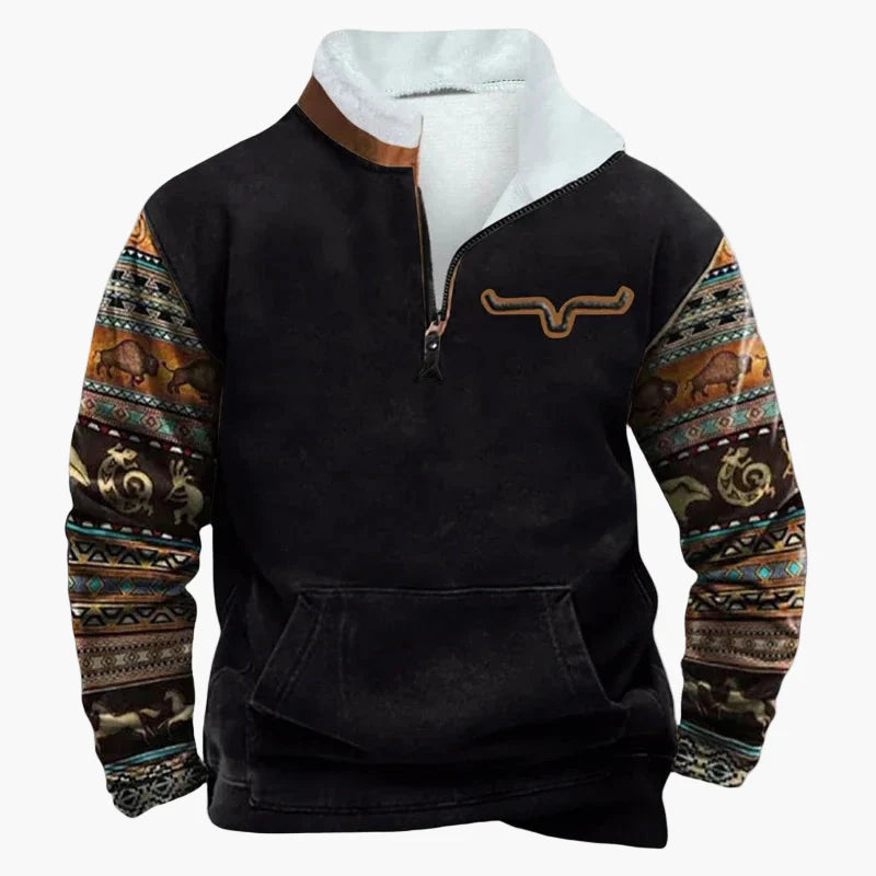 Herrar Western Fleece Pullover – Etno Mönstrad Tröja med Kvartdragkedja och Buffelmotiv
