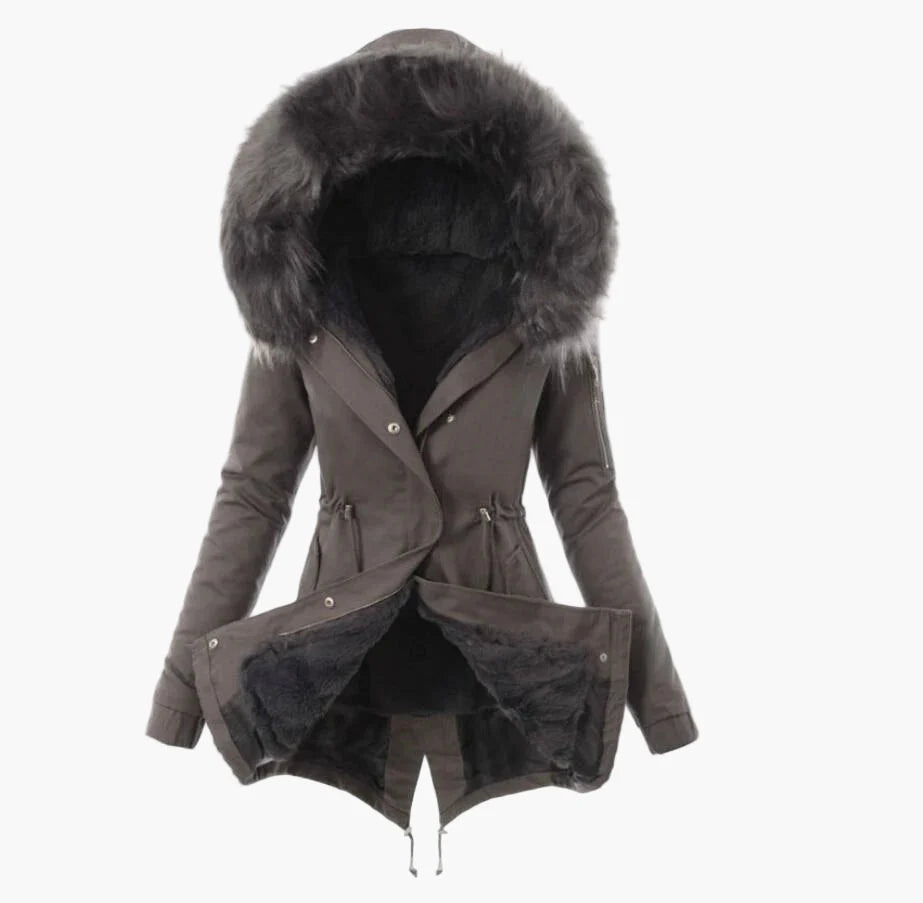 Dam Vinterjacka med Fuskpäls Fodrad Kapuschong – Elegant Varm Parkas för Kallt Väder