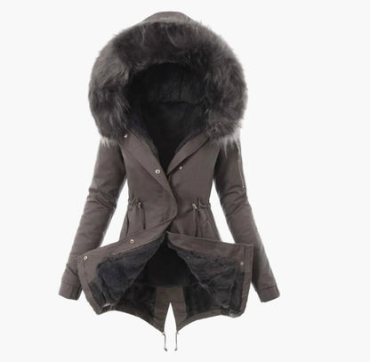 Dam Vinterjacka med Fuskpäls Fodrad Kapuschong – Elegant Varm Parkas för Kallt Väder