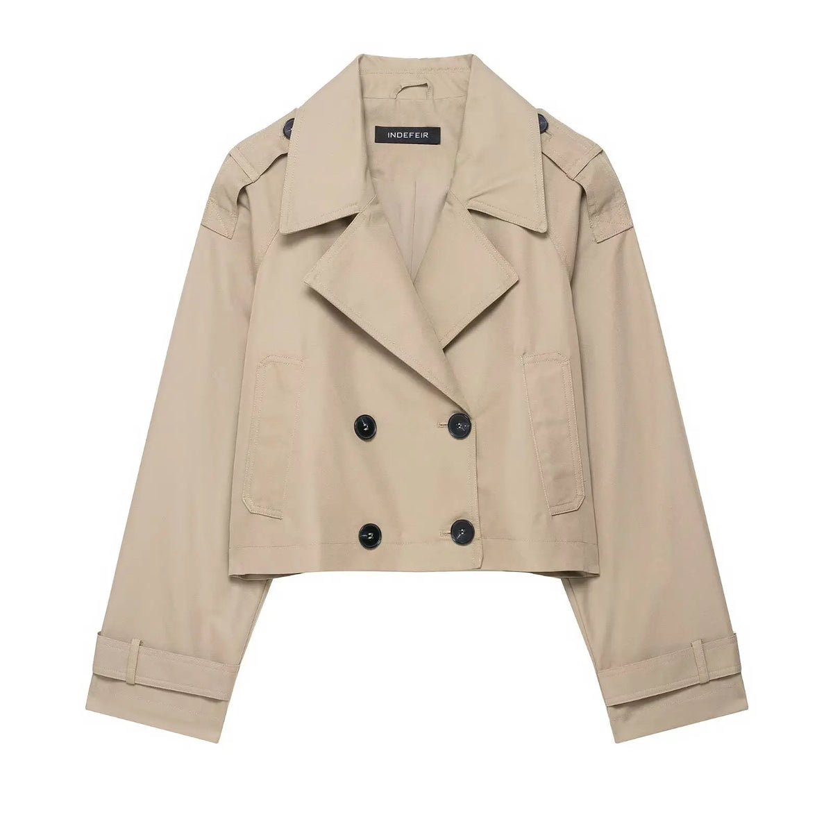 Kort dubbelknäppt jacka för dam, beskuren design med krage, i beige och brunt