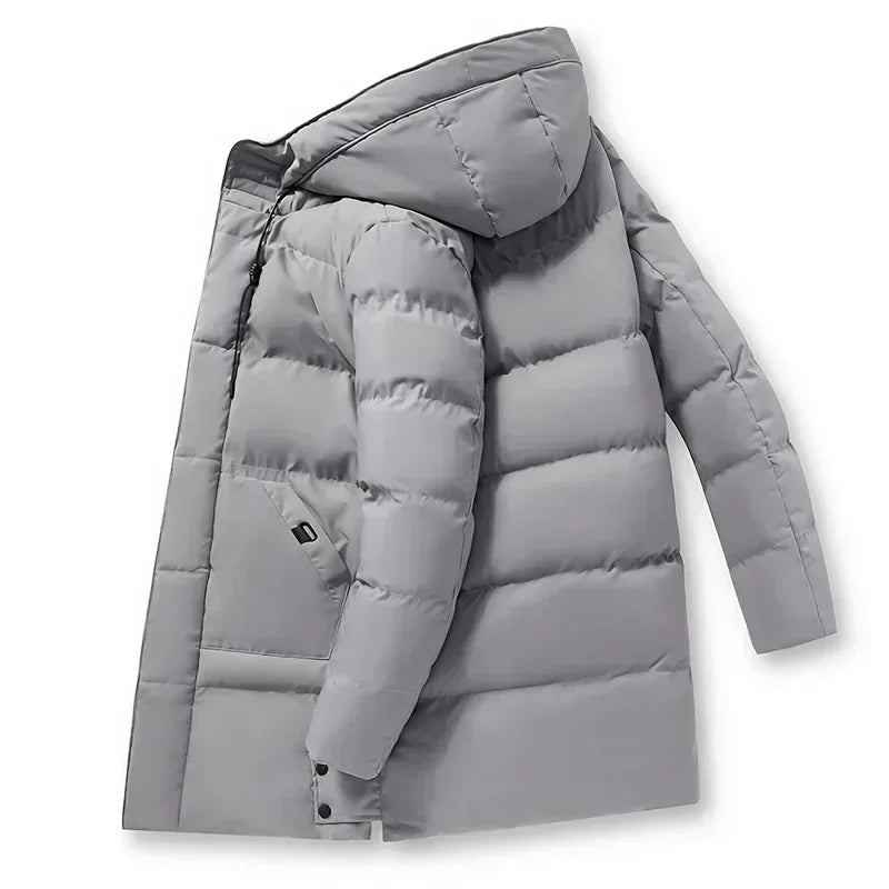 Herr Lång Dunjacka med Huva och Fickor, Varm Parkas i Enfärgad Design