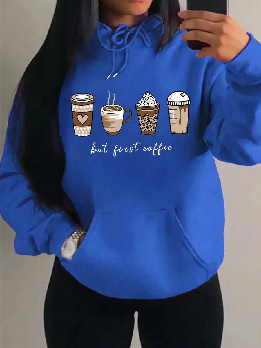 Huvtröja med "but first coffee"-tryck, känguruficka och dragsko