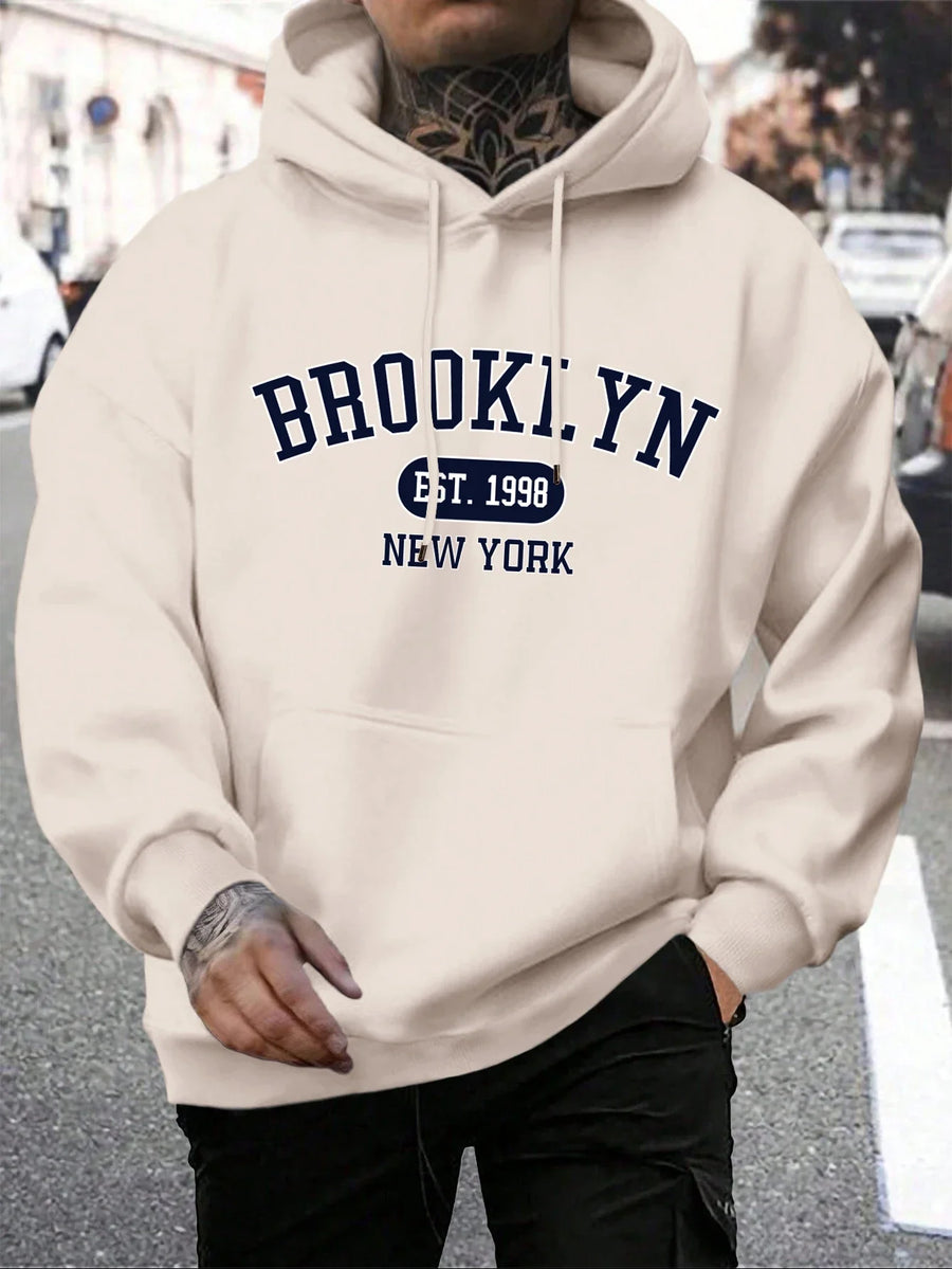 Hoodie med "New York" eller "Brooklyn" tryck, dragsko och känguruficka för män
