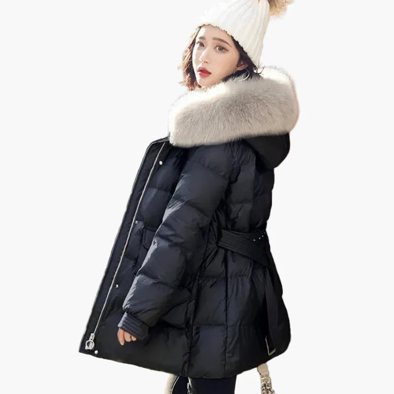 Dam Vinterjacka med Pälskantad Huva – Elegant Varm Lång Parkas för Kallt Väder