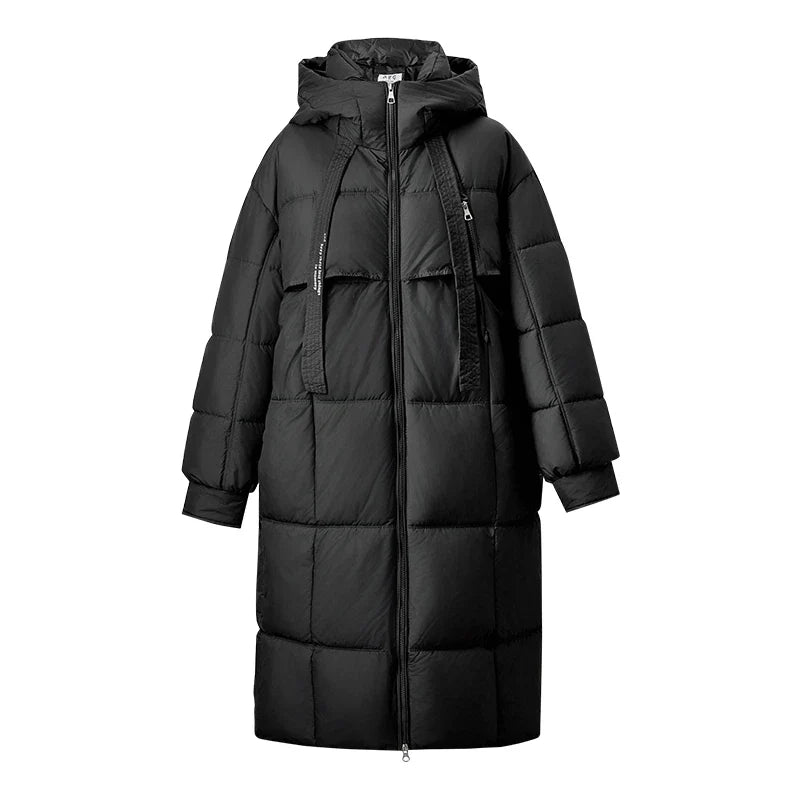 Lång vadderad parkas för dam med huva, dragkedja och fickor