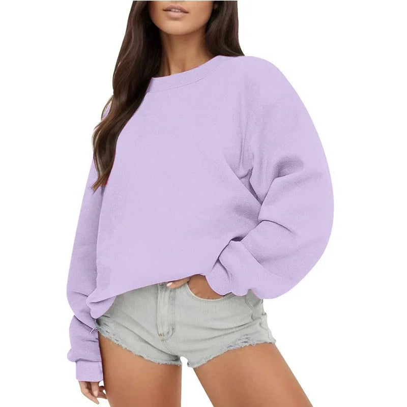 Enfärgad Sweatshirt för Dam med Rund Hals