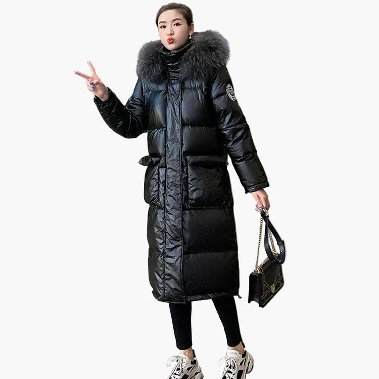 Dam Vinterjacka Lång Puffer Med Stor Pälsluva – Elegant Värmande Kappa För Kalla Dagar