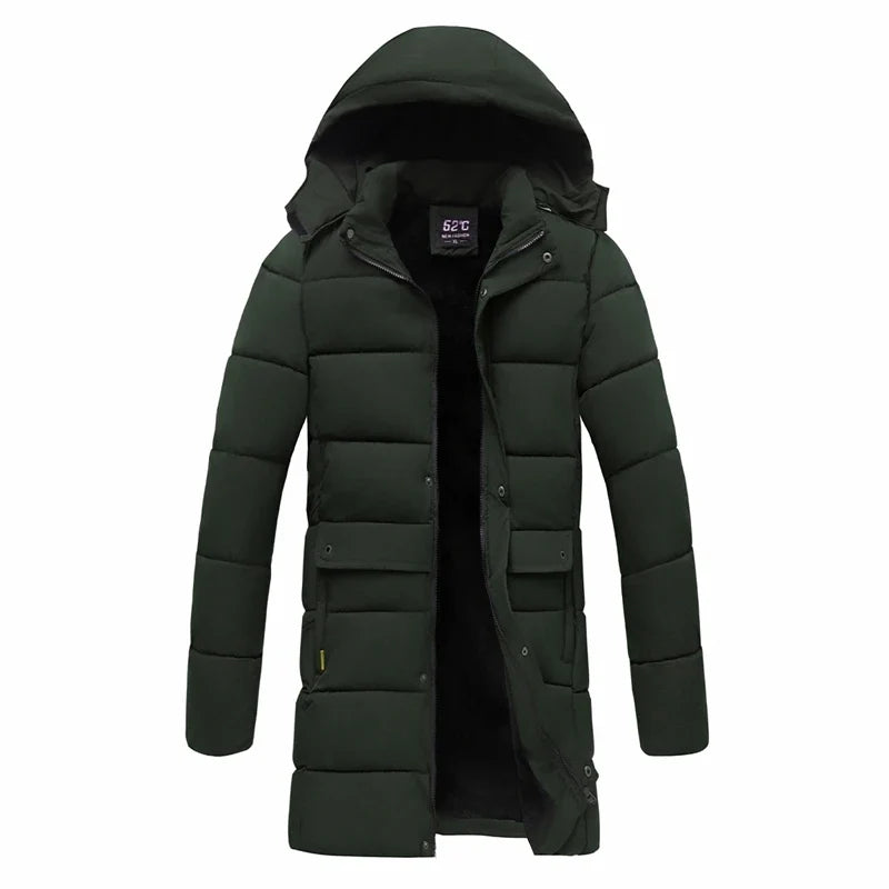 Herr Lång Dunjacka Vinter Varm Parkas med Luva Svarta Fickor
