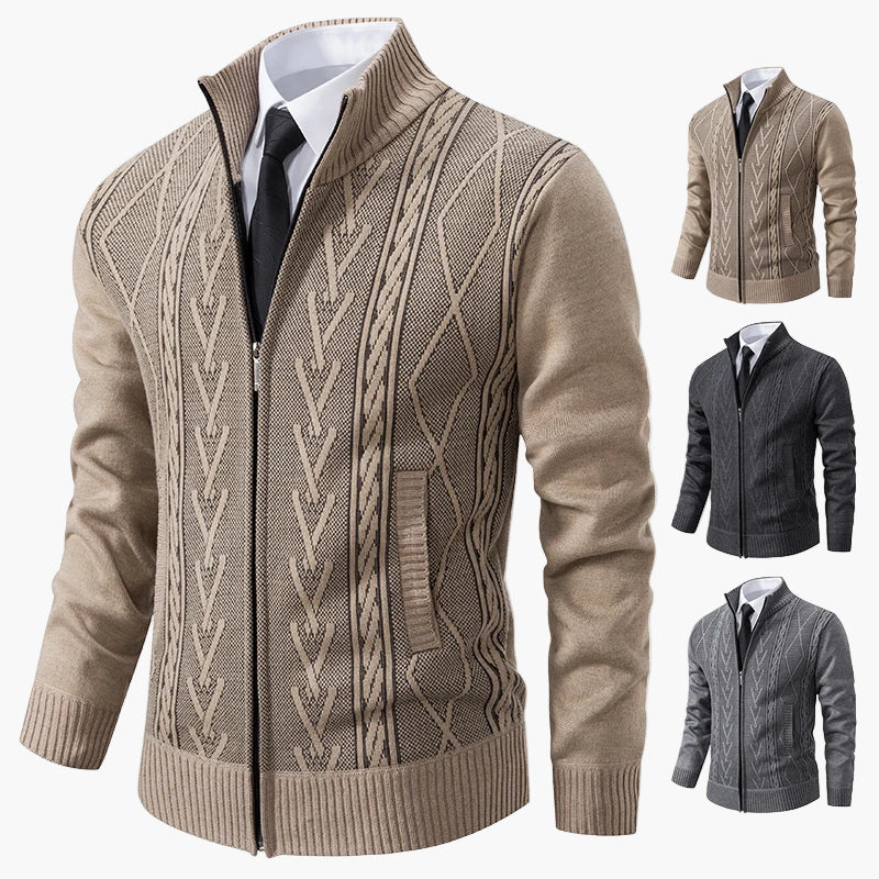 Herrstickad zip-tröja – elegant kabelmönstrad cardigan för vardag och kontor