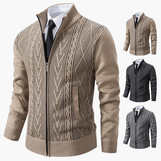 Herrstickad zip-tröja – elegant kabelmönstrad cardigan för vardag och kontor