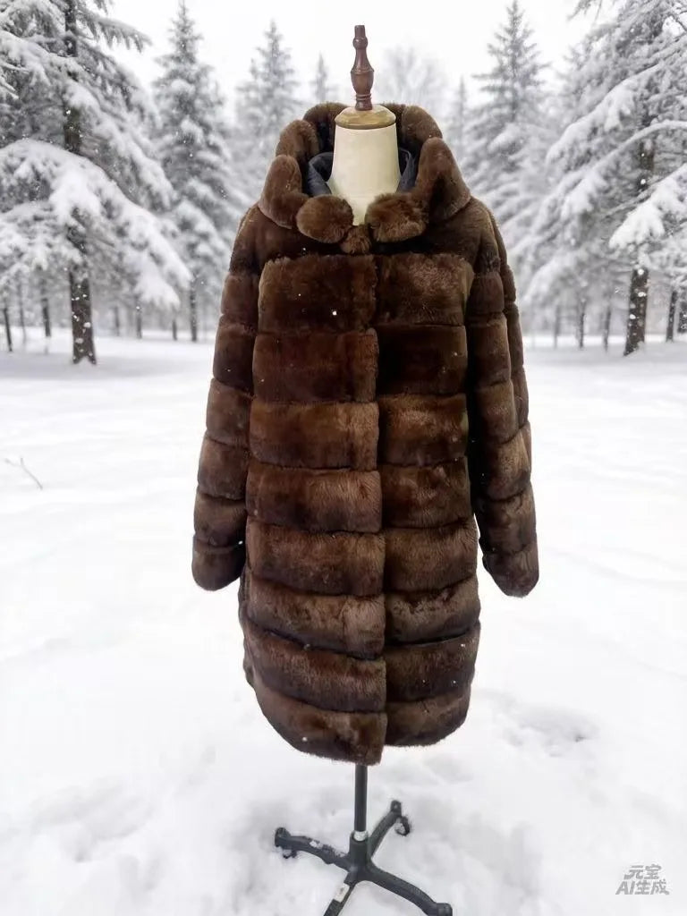 Fuskpälsjacka med huva, medellång, randig eller enfärgad design för dam