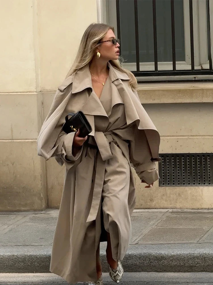 Kvinnors Trenchcoat Oversize med Hög Krage och Bälte