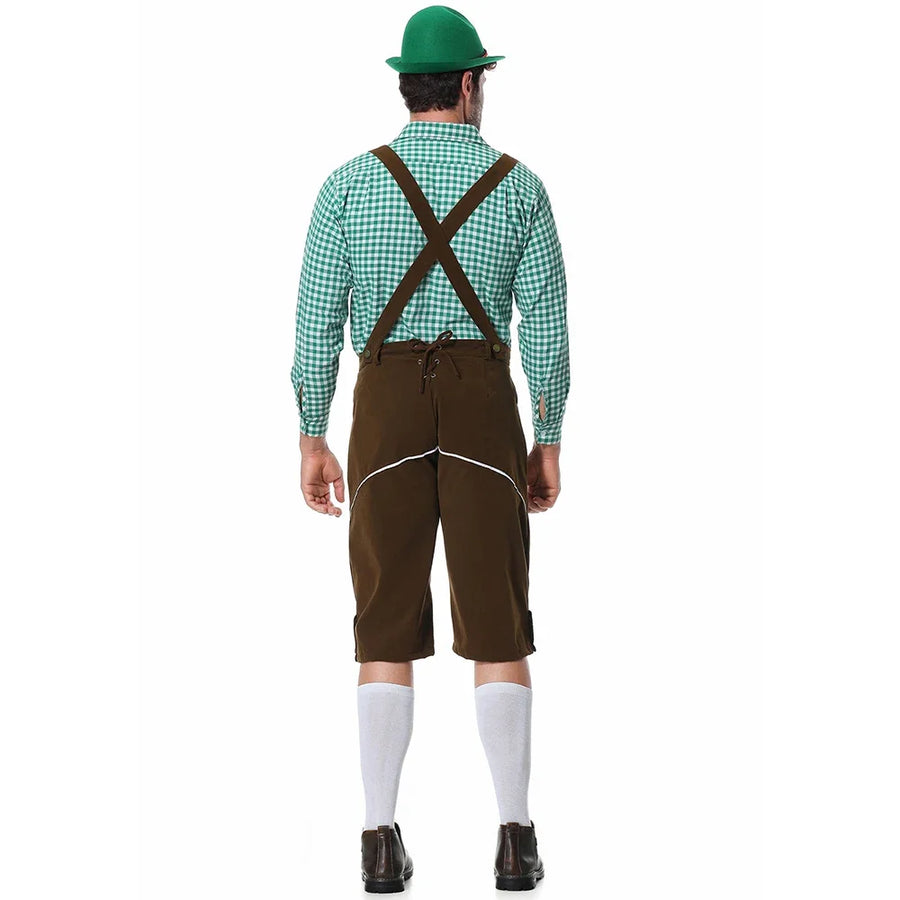 Herr Oktoberfestdräkt Brun/Svart Komplett Set Rutig Skjorta Hängselbyxor och Hatt