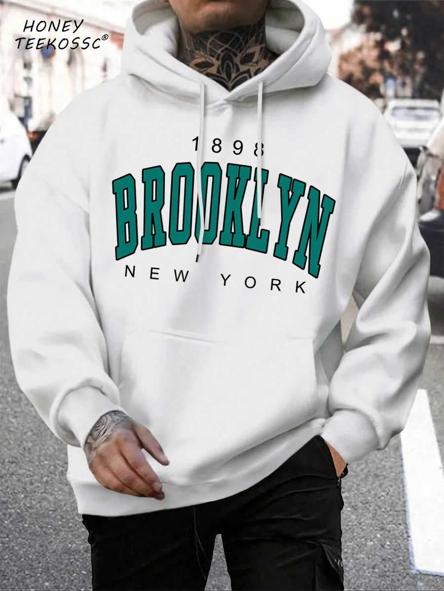 Hoodie med "New York" eller "Brooklyn" tryck, dragsko och känguruficka för män