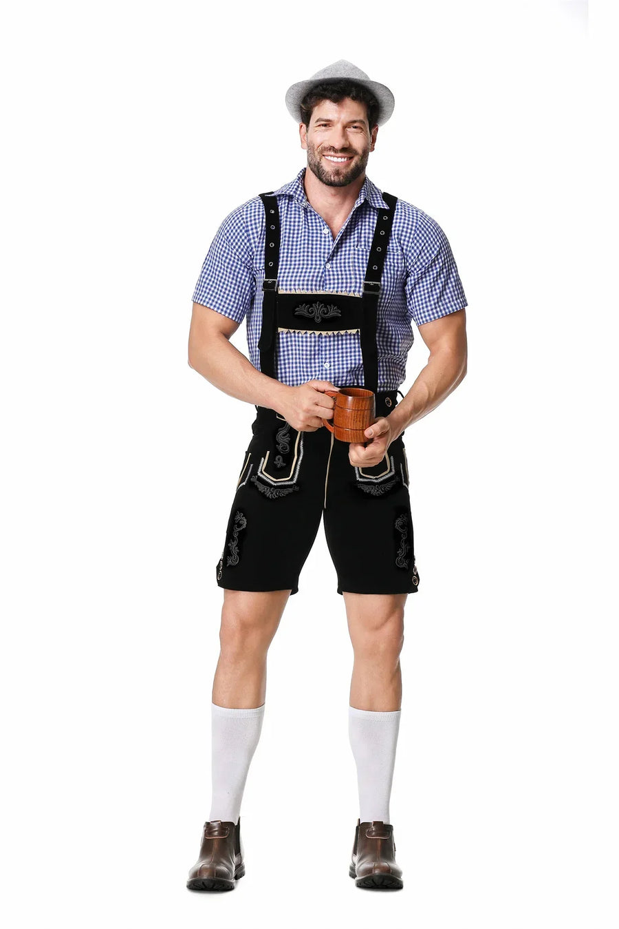 Herr Oktoberfest Lederhosen-set med skjorta, hängslen och hatt, broderade korta byxor