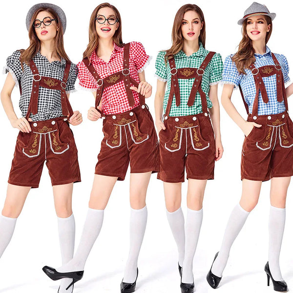 Dam Trachtenkostym med Rutig Blus och Hängselshorts