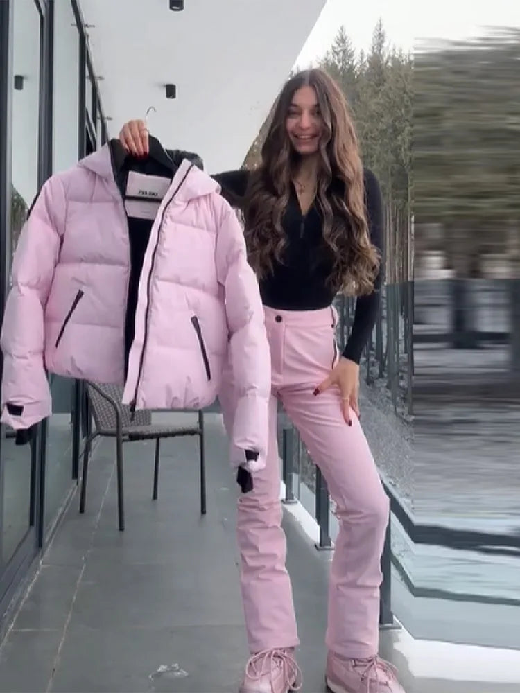 Rosa vinterjacka och byxor set med luva och fuskpälsfodrade handskar