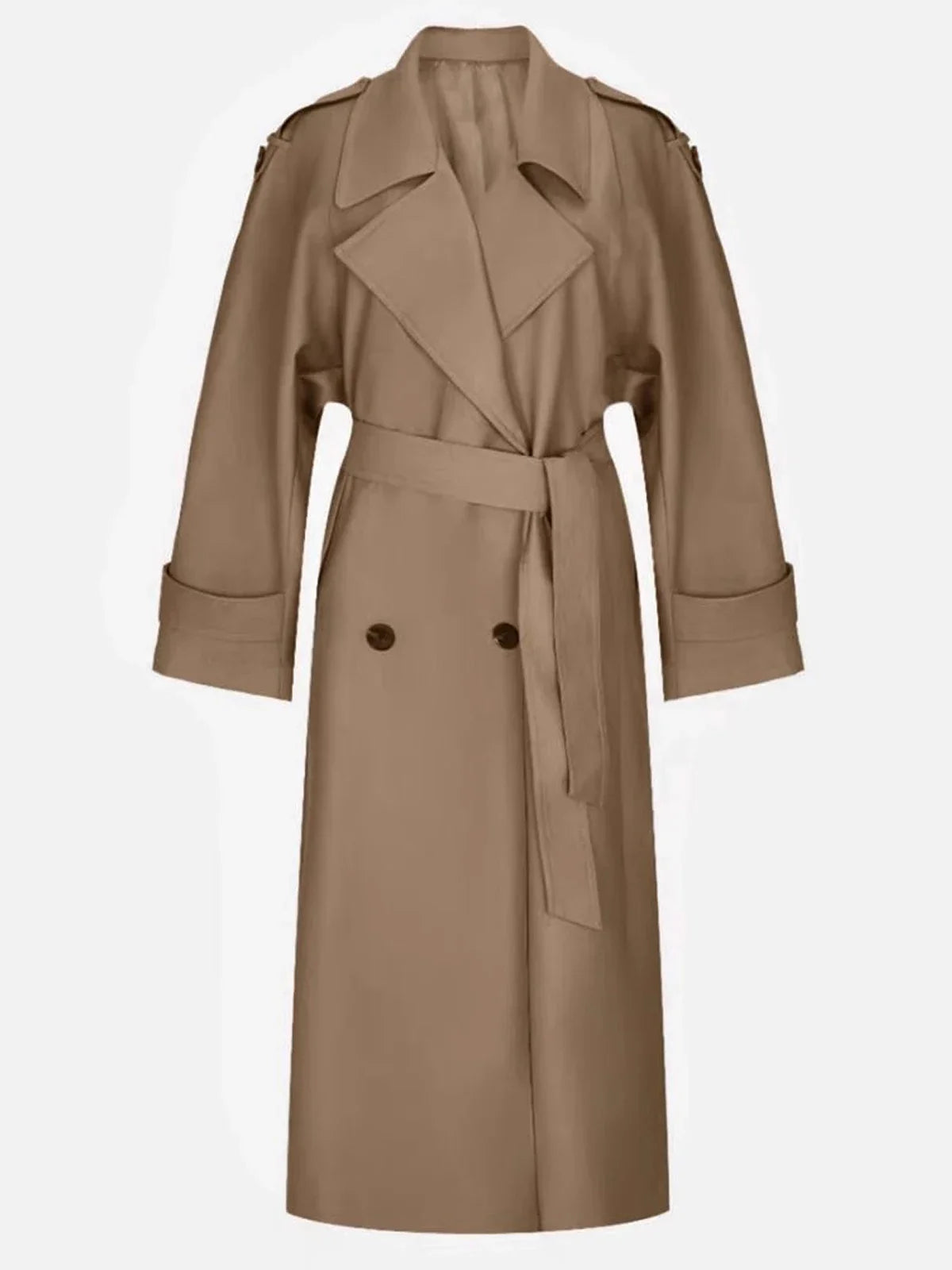 Trenchcoat för dam med skärp, dubbelknäppt lång kappa med slag