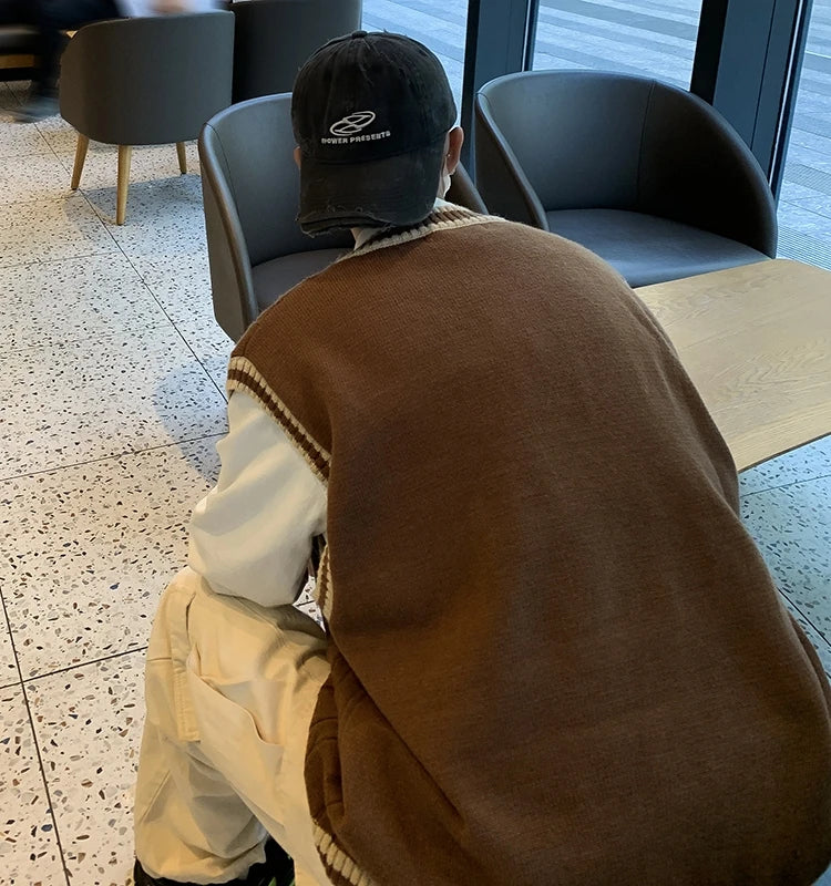 Unisex Kabelstickad Tröjväst med V-ringning Randig Kant