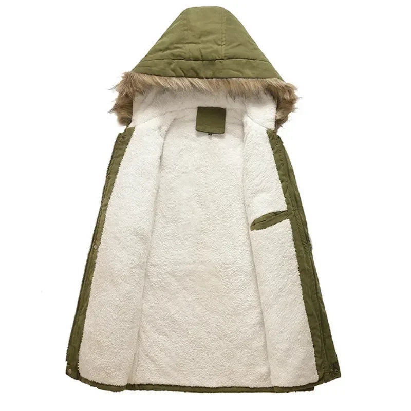 Herrparkas med luva, fuskpäls och varmt foder i brun färg