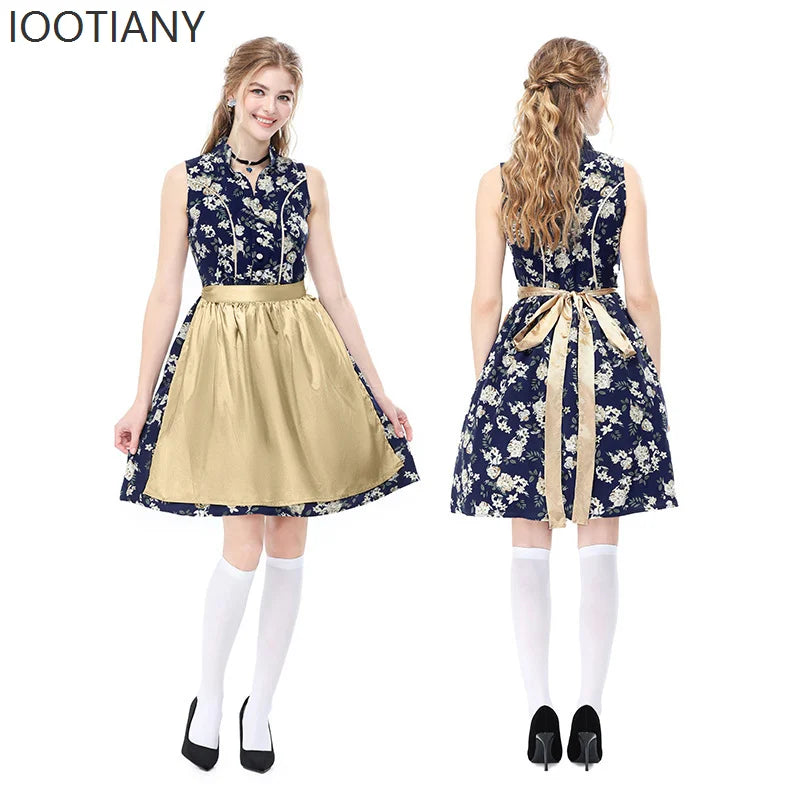 Dirndl klänning ärmlös med blommönster och förkläde i traditionell stil