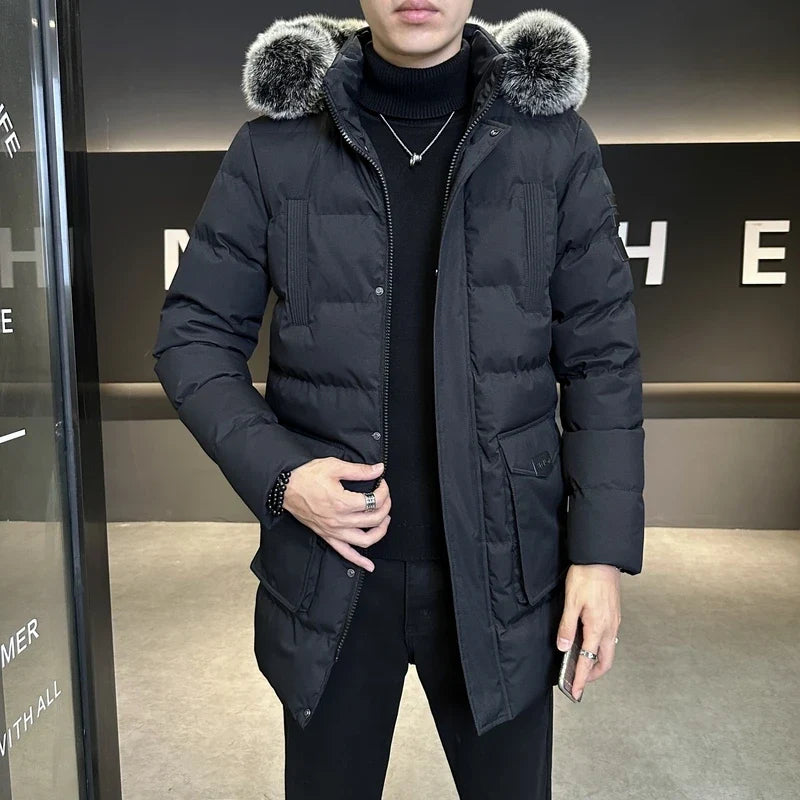 Herr vinterjacka vadderad med fuskpäls huva, lång modell