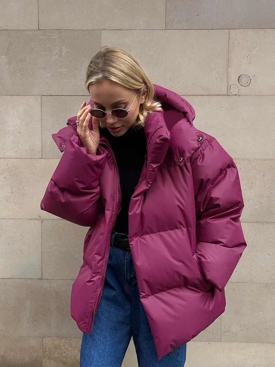 Kvinnors Vinterjacka Puffad Kort Jacka med Huva och Dragkedja